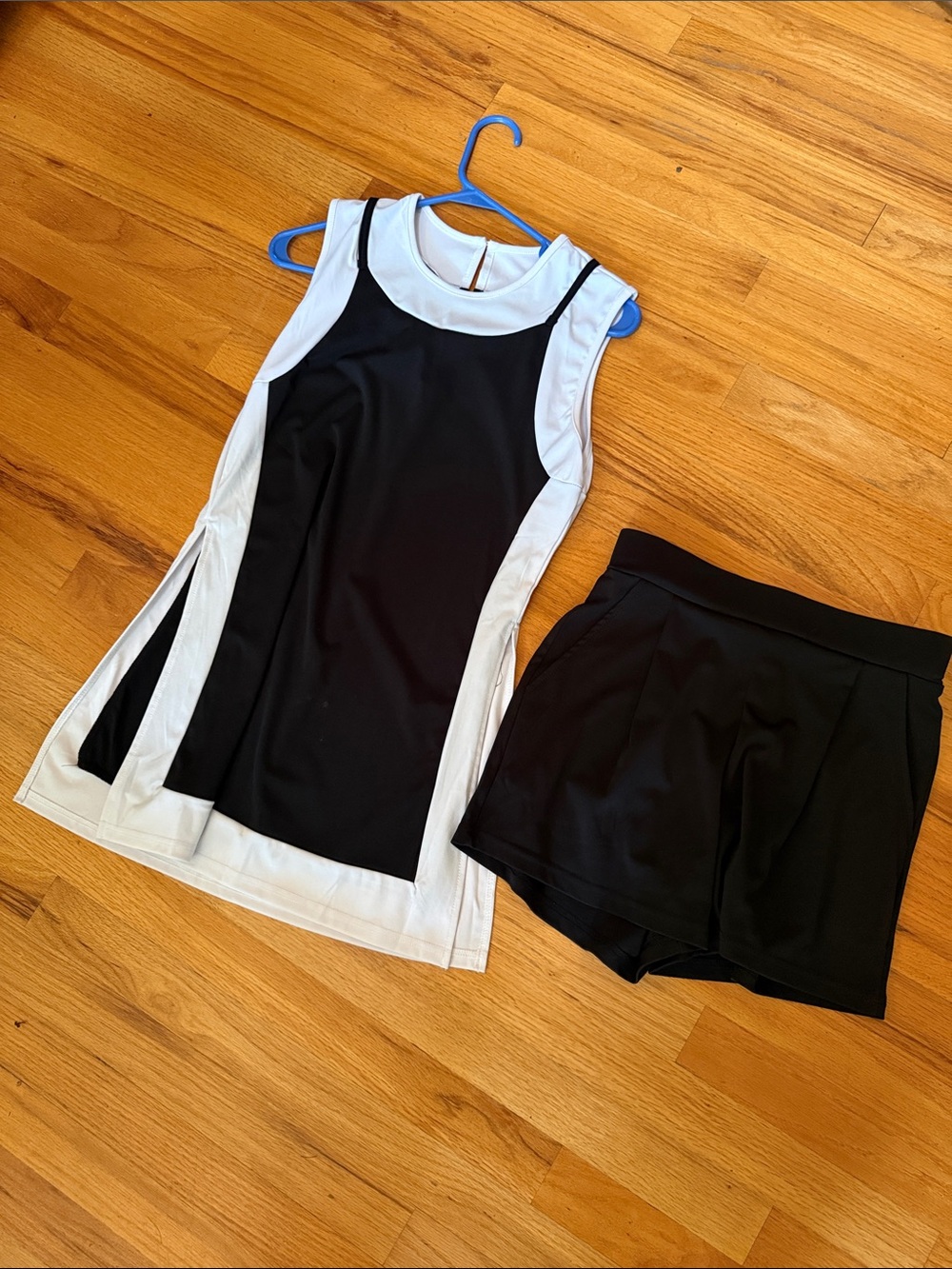 Black & White Athletic Tank Dress with Black Skort - Women's Activewear